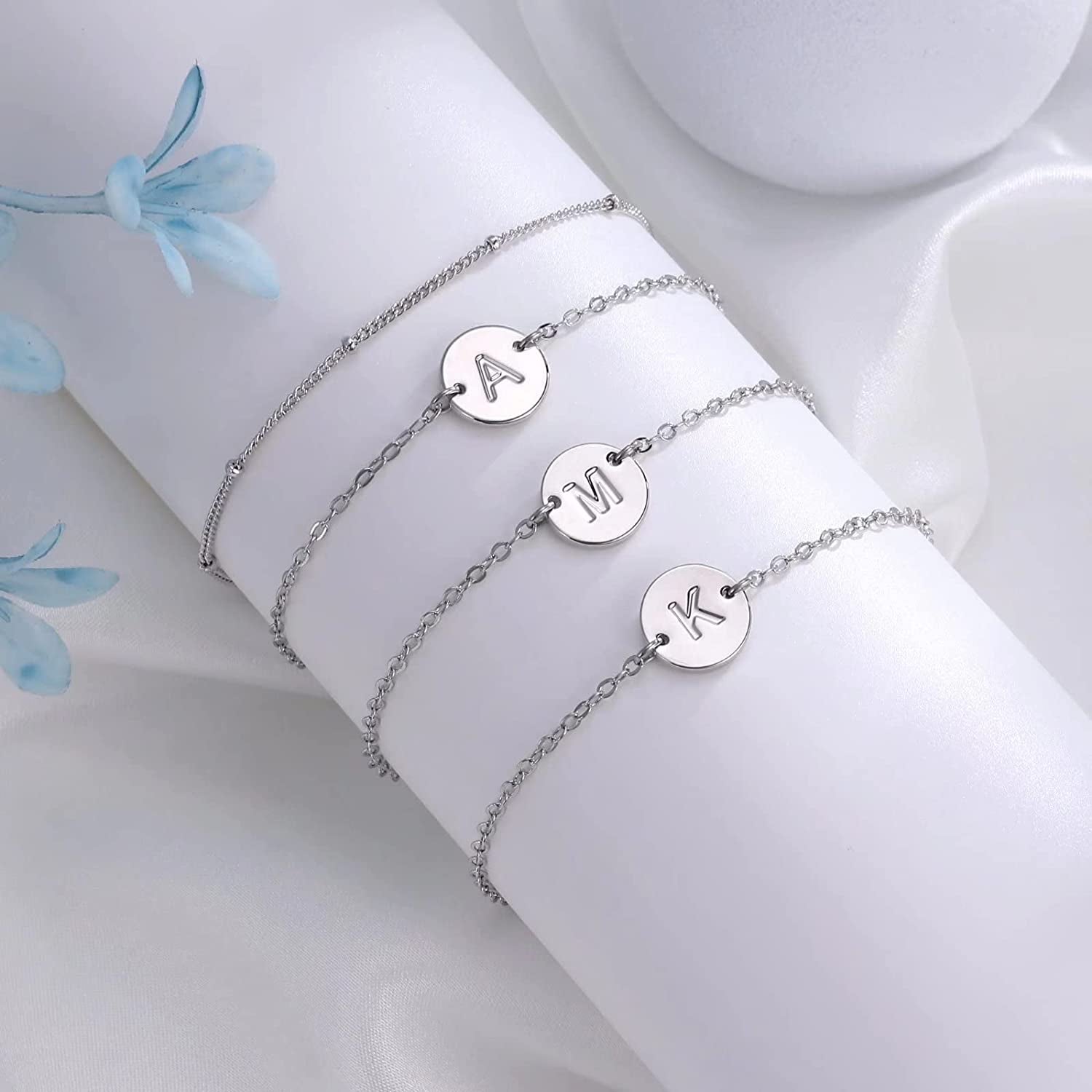 Silver Initial Bracelets for Women Teen Girls, 14K White Gold Filled Layered Letter Initial Bracelet Dainty Disc Initial Charm Bracelets Silver Bracelets for Women Girls Jewelry Gifts for Girls Apparel & Accessories > Jewelry > Bracelets MONOZO   