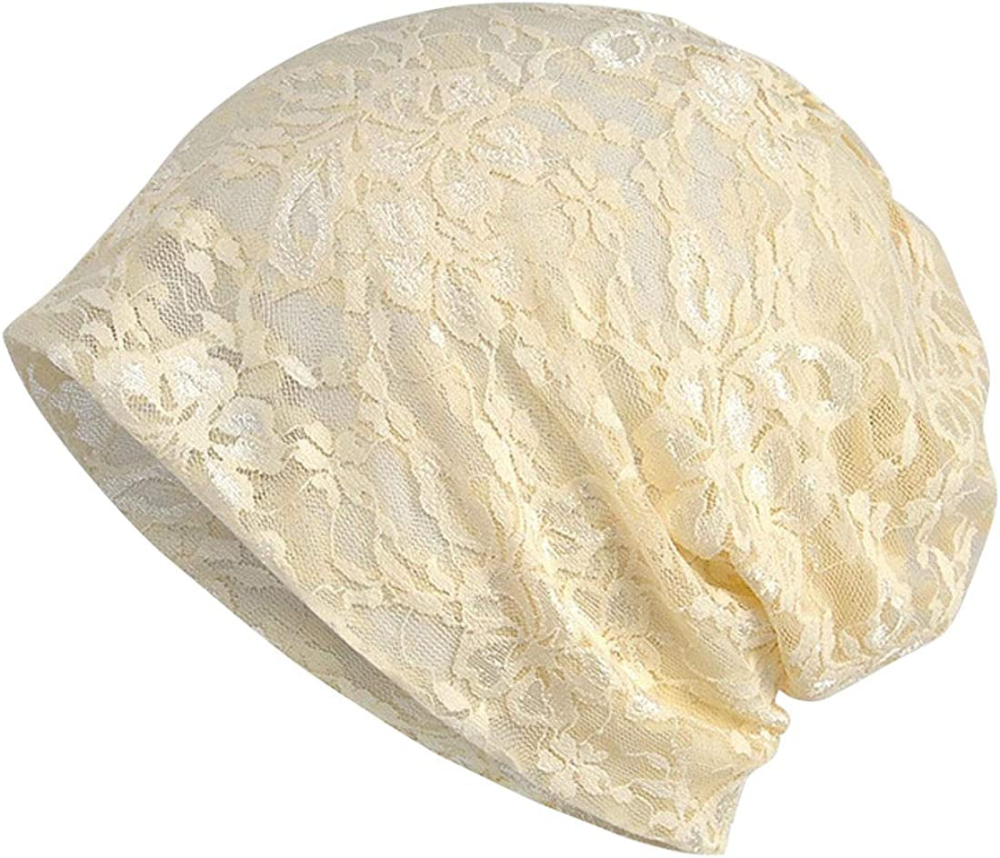 Ebossy Women'S Elegant Floral Lace Slouchy Beanie Summer Hat Headwear Circle Loop Scarf Apparel & Accessories > Clothing Accessories > Headwear ebossy Beige  