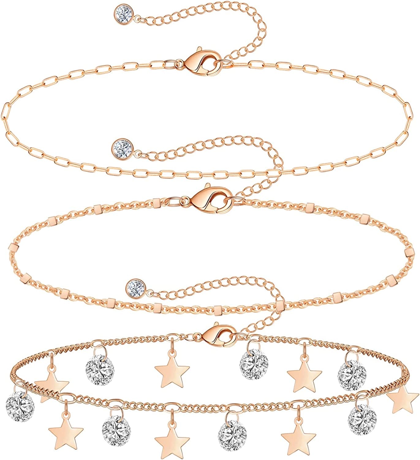 Gold Ankle Bracelets for Women 14K Gold Plated Anklet Silver Evil Eye Butterfly Star Rose Quartz Bead Box Paperclip Chain Dainty Layered Anklet Set 3Pcs Jewelry Gifts for Teen Girls Apparel & Accessories > Jewelry > Anklets Budding Gallery L-Rose Gold-Star  