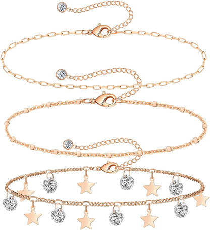Gold Ankle Bracelets for Women 14K Gold Plated Anklet Silver Evil Eye Butterfly Star Rose Quartz Bead Box Paperclip Chain Dainty Layered Anklet Set 3Pcs Jewelry Gifts for Teen Girls Apparel & Accessories > Jewelry > Anklets Budding Gallery L-Rose Gold-Star  