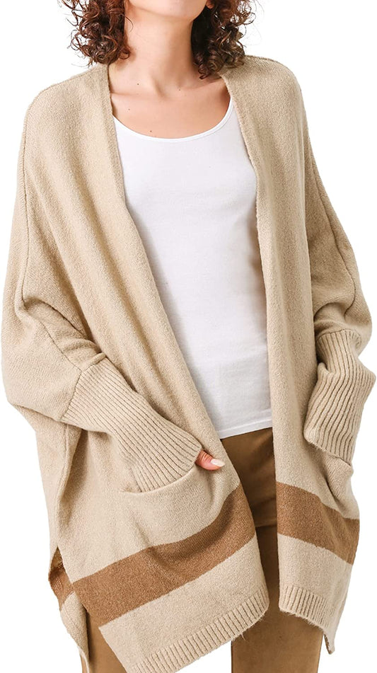 Moss Rose Women'S Open Front Cardigans Striped Batwing Sleeves Oversized Knit Pockets Sweater Coat Apparel & Accessories > Clothing Accessories > Scarves & Shawls KYLIE MAX E Light Camel Small 