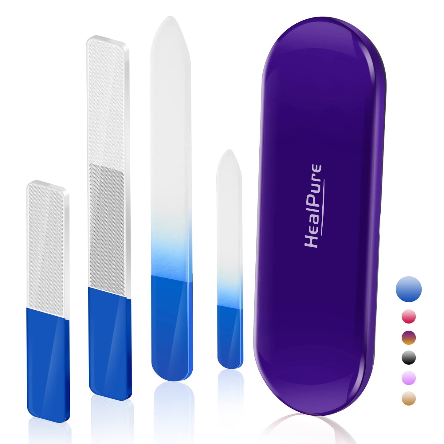 Glass Nail File and Nail Shiner, 4PC Crystal Nail File and Nano Glass Nail Buffer, Premium Set with Case, Professional Manicure Tool Fingernail Czech File for Natural Nail, Gift for Women and Girls Health & Beauty > Personal Care > Cosmetics > Cosmetic Tools > Nail Tools HealPure Blue  