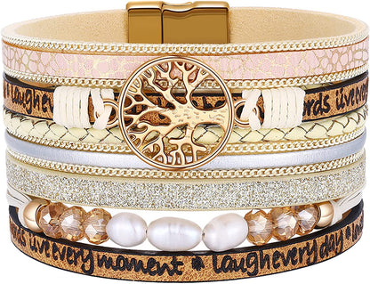 Inspirational Tree of Life Leather Bracelets for Women,Birthday Christmas Mothers Day Jewelry Gifts for Teen Girls Apparel & Accessories > Jewelry > Bracelets AURGTTCG 01-Beige  