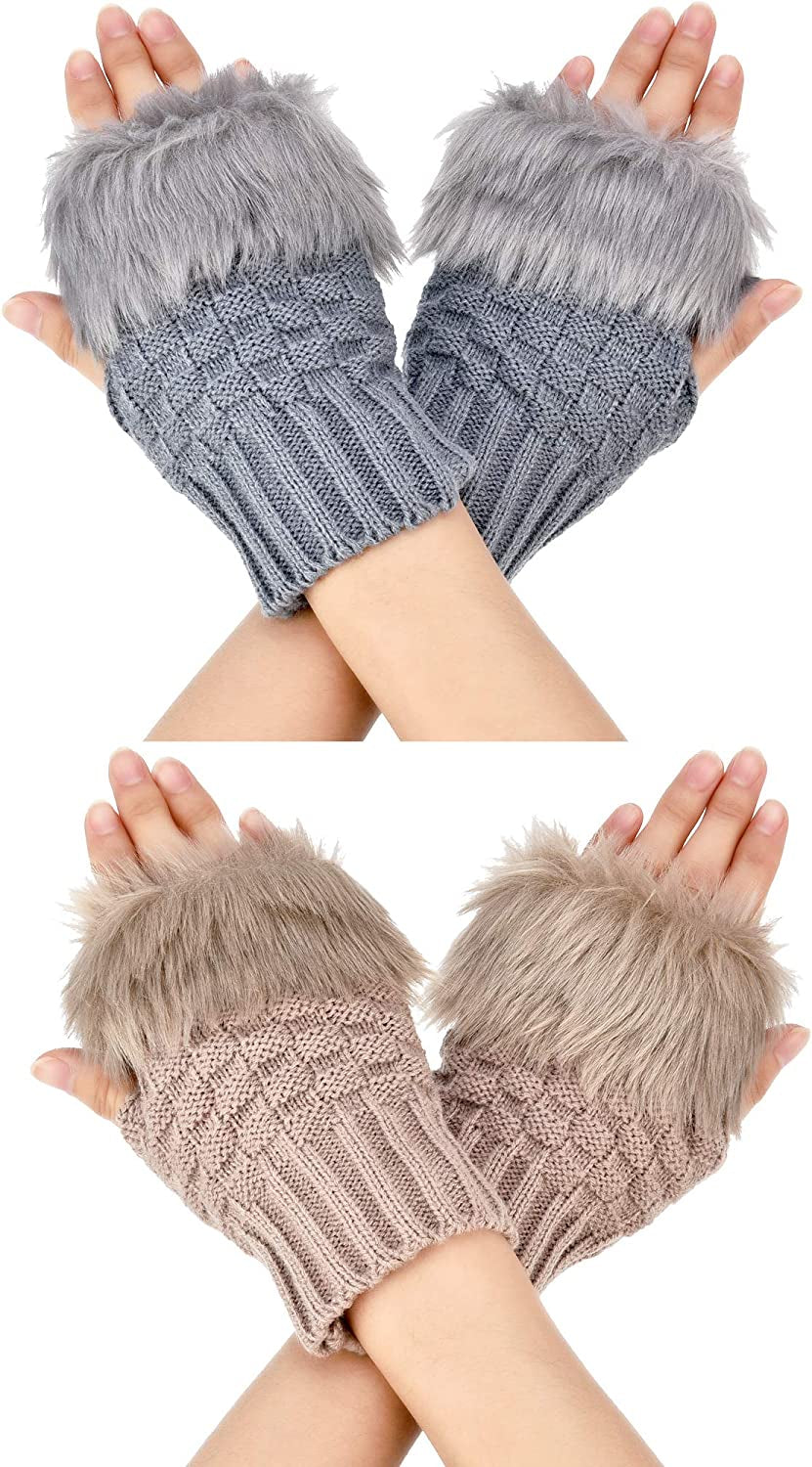 Boao 2 Pairs Fingerless Winter Gloves Short Touchscreen Gloves Thumb Hole Mittens Knitted Warm Gloves with Faux Fur Apparel & Accessories > Clothing Accessories > Gloves & Mittens Boao Khaki and Light Gray  