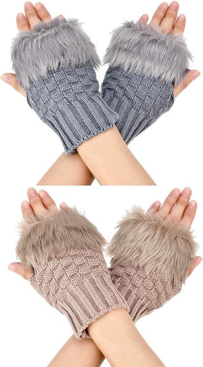 Boao 2 Pairs Fingerless Winter Gloves Short Touchscreen Gloves Thumb Hole Mittens Knitted Warm Gloves with Faux Fur Apparel & Accessories > Clothing Accessories > Gloves & Mittens Boao Khaki and Light Gray  