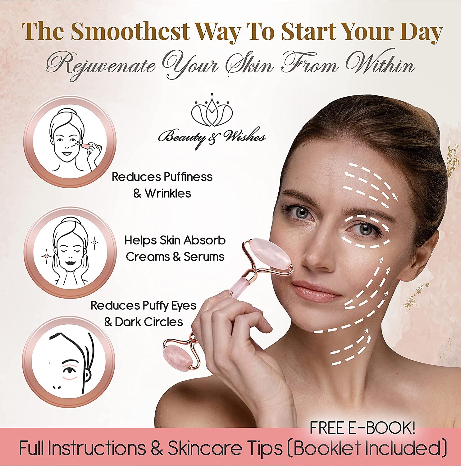 Jade Roller & Gua Sha for Face - 4 in 1 - Helps Reducing Puffiness, Wrinkles, Fine Lines - Authentic Brazilian Rose Quartz Face Massager Kit for Improved Skin Circulation, Drainage, Elasticity Health & Beauty > Personal Care > Cosmetics > Cosmetic Tools > Skin Care Tools BEAUTY & WISHES   