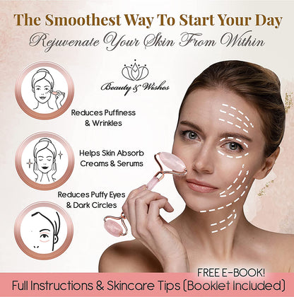 Jade Roller & Gua Sha for Face - 4 in 1 - Helps Reducing Puffiness, Wrinkles, Fine Lines - Authentic Brazilian Rose Quartz Face Massager Kit for Improved Skin Circulation, Drainage, Elasticity Health & Beauty > Personal Care > Cosmetics > Cosmetic Tools > Skin Care Tools BEAUTY & WISHES   