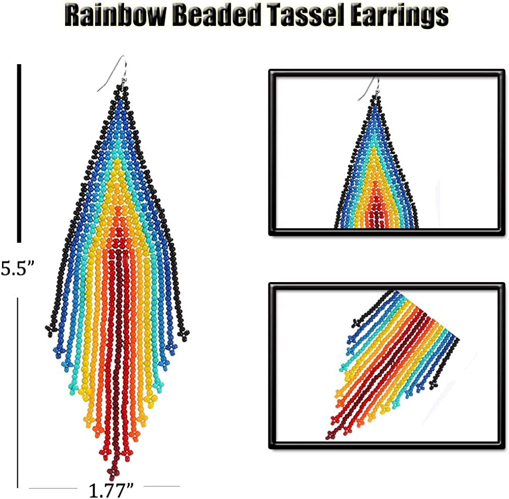 Long Beaded Tassel Earrings - Bohemian Fringe Drop Earrings Rainbow, Seed Bead Tribal Dangle Earrings, Pendientes De Borla, Gift Idea for Women, Girls, Valentine Apparel & Accessories > Jewelry > Earrings UNIQFAVOR   