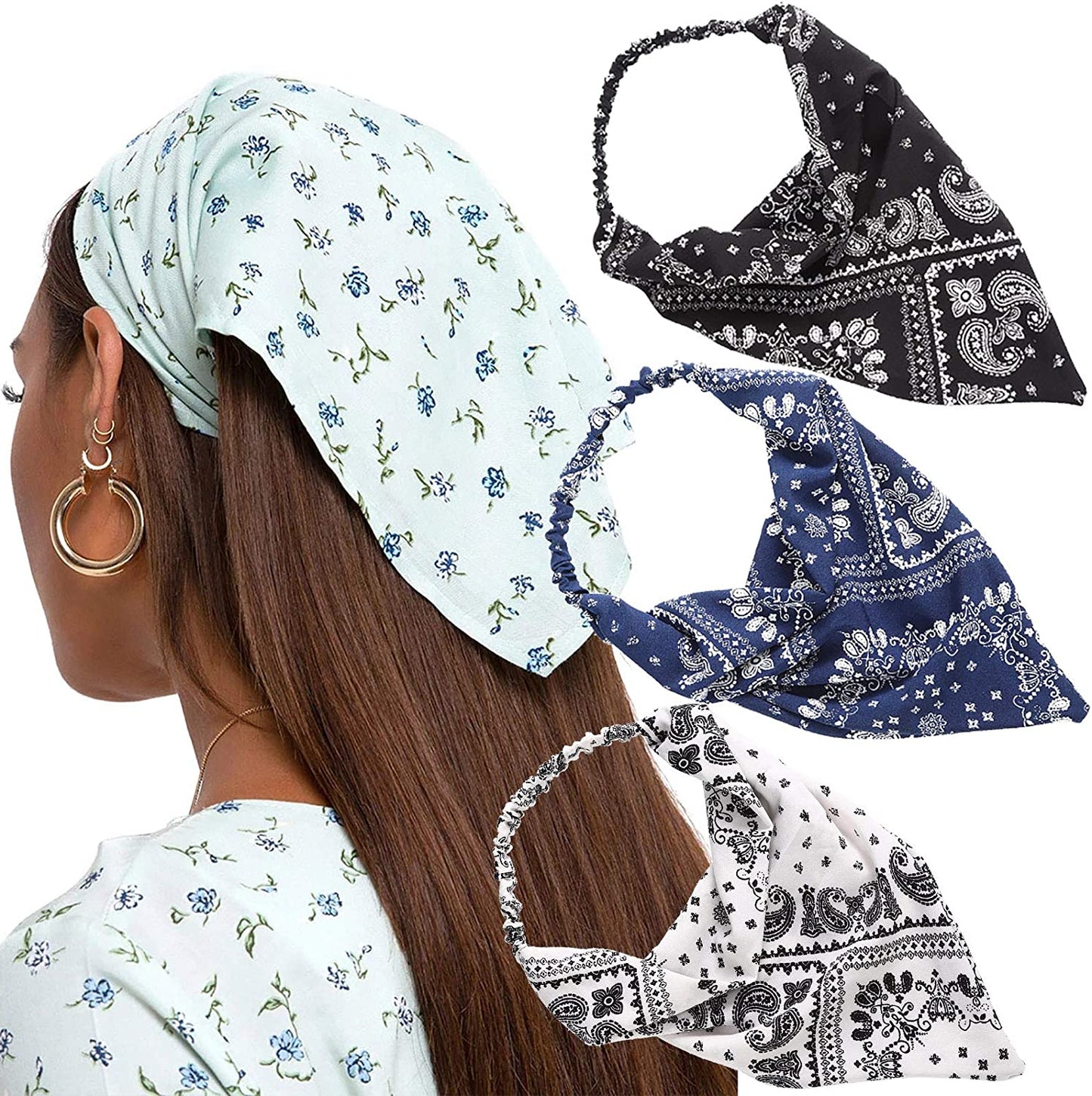 Floral Elastic Hair Scarf Headband - 3 PCS Chiffon Head Kerchief Headband Floral Hair Scarves with Hair Clips Hair Bandanas Apparel & Accessories > Clothing Accessories > Bandanas & Headties AWAYTR Cashew(Black/Navy/White)  