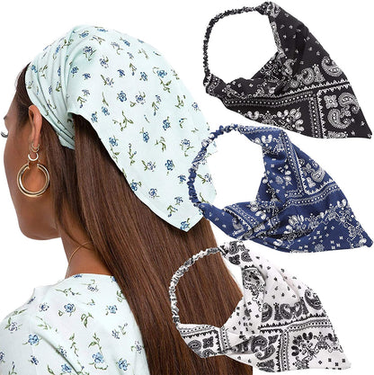 Floral Elastic Hair Scarf Headband - 3 PCS Chiffon Head Kerchief Headband Floral Hair Scarves with Hair Clips Hair Bandanas Apparel & Accessories > Clothing Accessories > Bandanas & Headties AWAYTR Cashew(Black/Navy/White)  