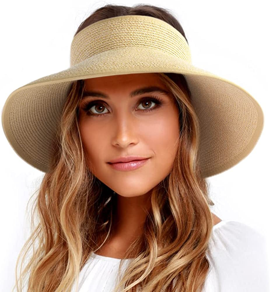 FURTALK Sun Visor Hats for Women Wide Brim Straw Roll up Ponytail Summer Beach Hat UV UPF Packable Foldable Travel Apparel & Accessories > Clothing Accessories > Hats KYLIE MAX Mix Khaki02 Medium 