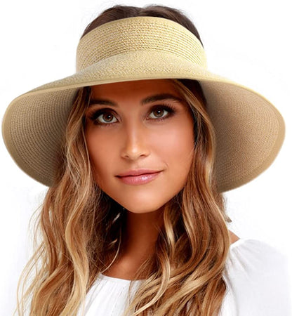 FURTALK Sun Visor Hats for Women Wide Brim Straw Roll up Ponytail Summer Beach Hat UV UPF Packable Foldable Travel Apparel & Accessories > Clothing Accessories > Hats KYLIE MAX Mix Khaki02 Medium 