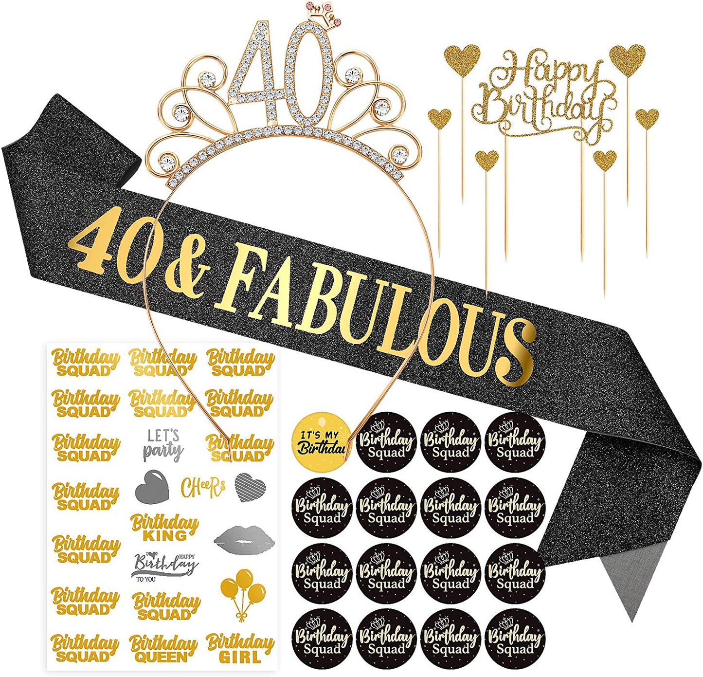 Black Birthday Sash Crowns Tiara Headband for Women - Birthday Buttons Pins Badges Gifts for Girl Birthday Party Supplies Apparel & Accessories > Clothing Accessories > Sashes ERTREE 40th Birthday  