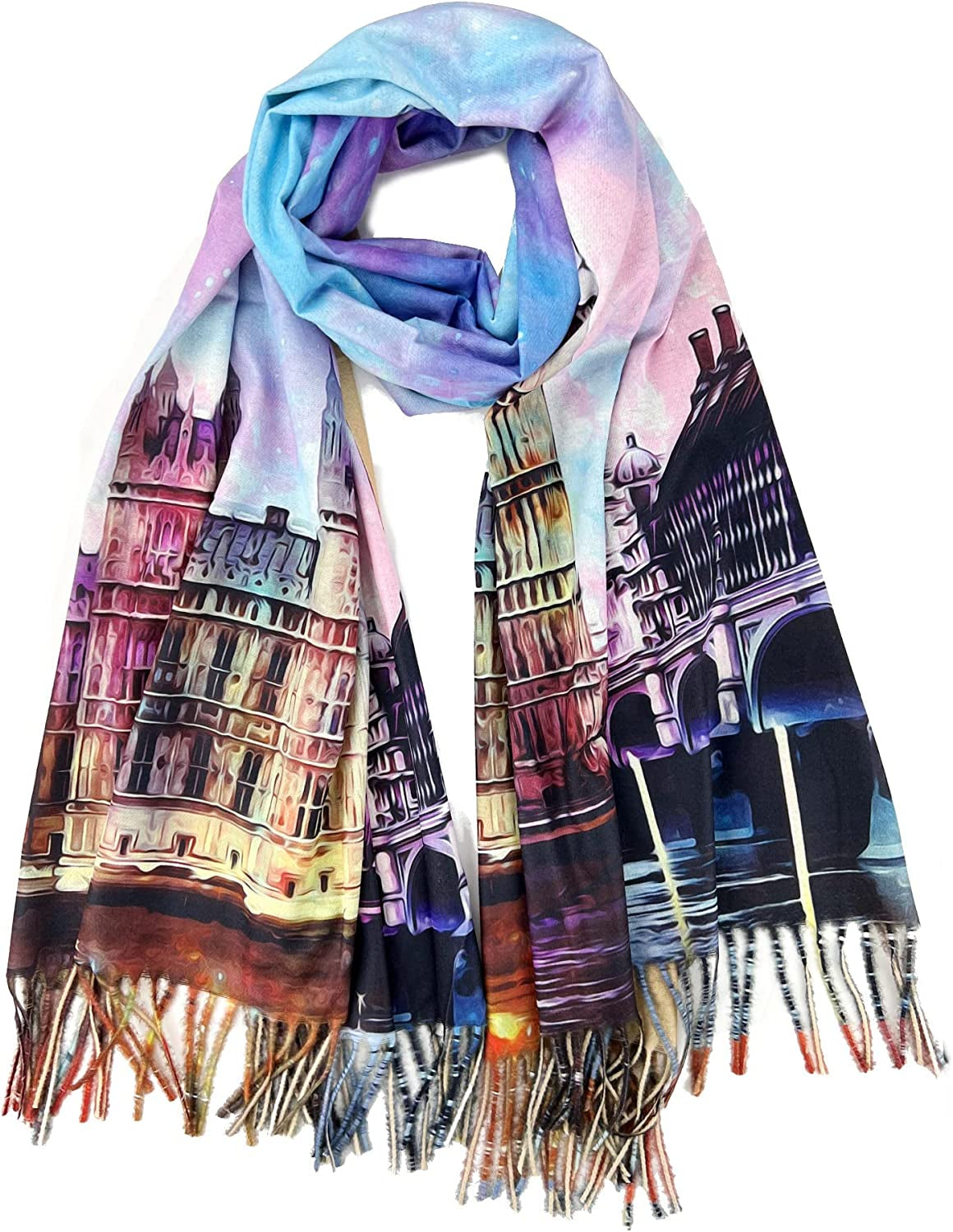 Plum Feathers Super Soft Cashmere Feel Double Sided Reversible Art Shawl Scarf Van Gogh Monet Klimt Inspired Apparel & Accessories > Clothing Accessories > Scarves & Shawls Plum Feathers Big Ben Clock Tower One Side  