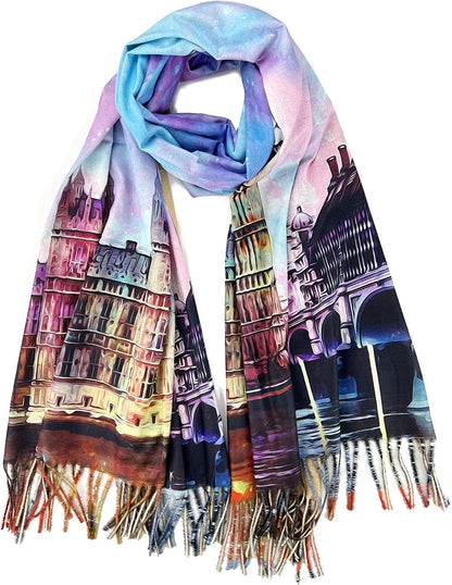 Plum Feathers Super Soft Cashmere Feel Double Sided Reversible Art Shawl Scarf Van Gogh Monet Klimt Inspired Apparel & Accessories > Clothing Accessories > Scarves & Shawls Plum Feathers Big Ben Clock Tower One Side  