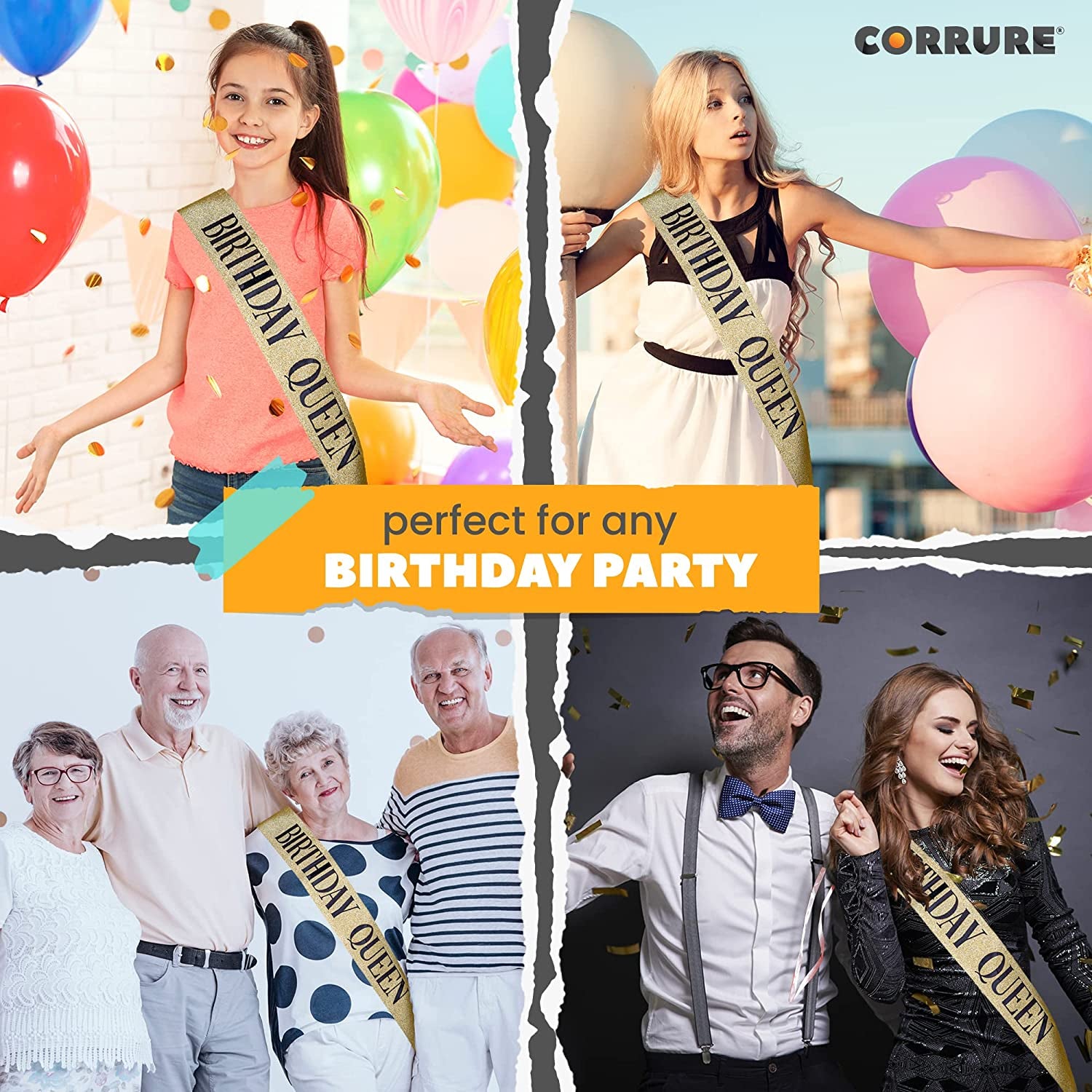 CORRURE 'Birthday Queen' Sash Glitter with Black Foil - Gold Glitter Happy Birthday Sash for Women - Party Favors Supplies and Decorations for Sweet 16, 18Th 21St 30Th 40Th or Any Bday Party Apparel & Accessories > Clothing Accessories > Sashes Pego Brands General   