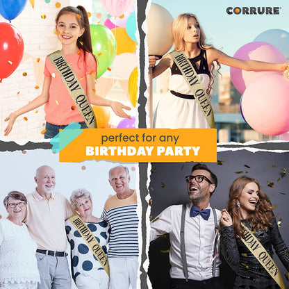 CORRURE 'Birthday Queen' Sash Glitter with Black Foil - Gold Glitter Happy Birthday Sash for Women - Party Favors Supplies and Decorations for Sweet 16, 18Th 21St 30Th 40Th or Any Bday Party Apparel & Accessories > Clothing Accessories > Sashes Pego Brands General   