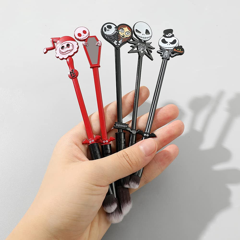 Nightmare before Christmas Makeup Brushes - 5Pcs Corpse Bride Anime Make up Brush Set Silver Drawstring Bag Included Health & Beauty > Personal Care > Cosmetics > Cosmetic Tools > Makeup Tools rongji jewelry   