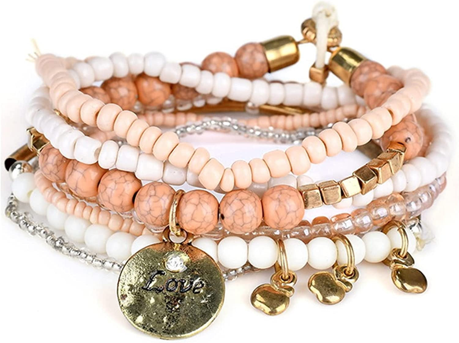 Mengpa Stackable Beaded Bracelets for Women Girls Bohemian Layering Strand Statement Jewelry Apparel & Accessories > Jewelry > Bracelets MengPa Orange-Love-Disc  