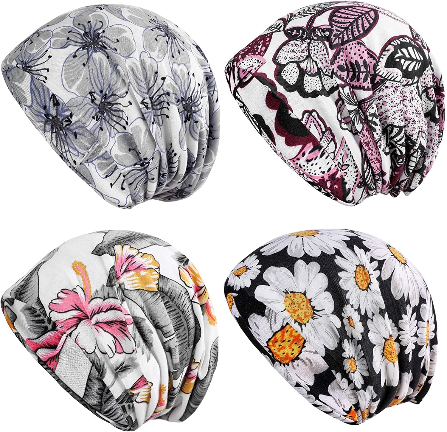 HONENNA Printed Turban Headband Chemo Cap Soft Sleep Beanie Apparel & Accessories > Clothing Accessories > Headwear HONENNA (Grey+pink+black+chrysanthemum) / Pack  
