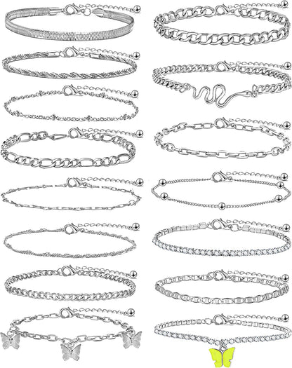 Gold Ankle Bracelets for Women, Girls Boho Anklet Bracelet Set, Silver Butterfly Foot Chains, Womens Adjustable Cute Anklets Apparel & Accessories > Jewelry > Anklets iF YOU Style 4_16 pcs silver  