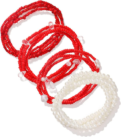 KOHOTA Beads Waist Set for Women African Beaded Body Chain Waist Belly Chain Stretchy Elastic String Multi-Color Necklace Bracelet Anklet Sexy Bikini Summer Jewelry Apparel & Accessories > Jewelry > Body Jewelry KOHOTA red and white pearl  