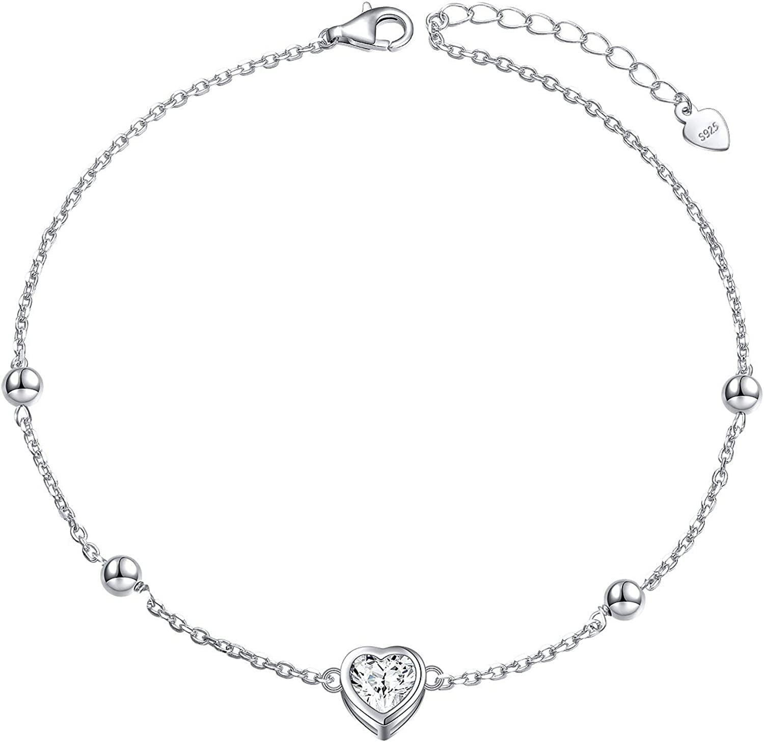 Flyow Anklet for Women S925 Sterling Silver Adjustable Foot Beaded Infinity/Heart/Angel Wing/Turtle Ankle Bracelet Anklets Jewelry Gift Apparel & Accessories > Jewelry > Anklets Silver Light Jewelry heart CZ  