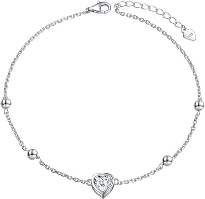 Flyow Anklet for Women S925 Sterling Silver Adjustable Foot Beaded Infinity/Heart/Angel Wing/Turtle Ankle Bracelet Anklets Jewelry Gift Apparel & Accessories > Jewelry > Anklets Silver Light Jewelry heart CZ  
