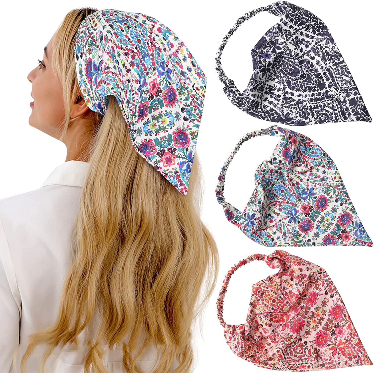 Floral Elastic Hair Scarf Headband - 3 PCS Chiffon Head Kerchief Headband Floral Hair Scarves with Hair Clips Hair Bandanas Apparel & Accessories > Clothing Accessories > Bandanas & Headties AWAYTR Green+Red+Purple  