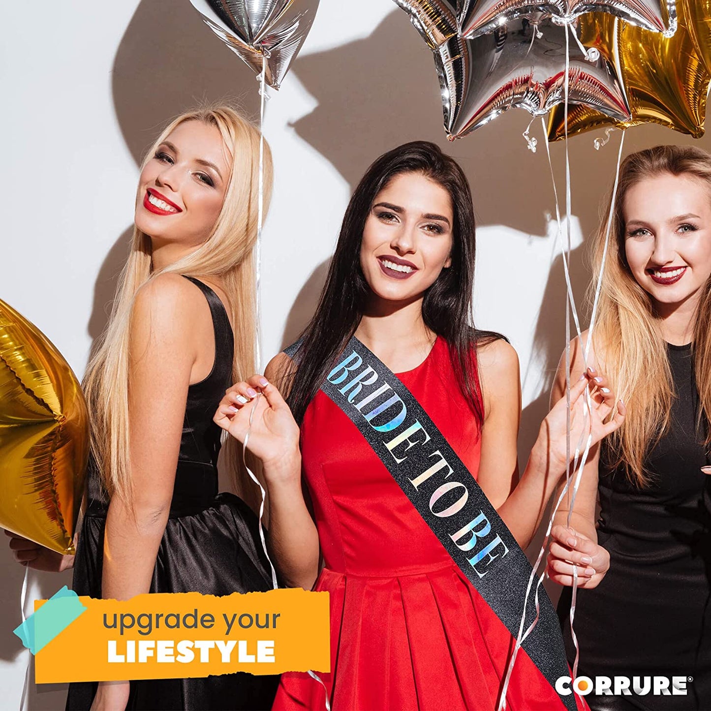 CORRURE 'Bride to Be' Sash for Bachelorette Party - Bridal Shower Black Glitter Sash with Multicolor Foil Lettering - Hen Party Decorations Supplies Accessories, Wedding Engagement Party Favors Gift Apparel & Accessories > Clothing Accessories > Sashes CORRURE   