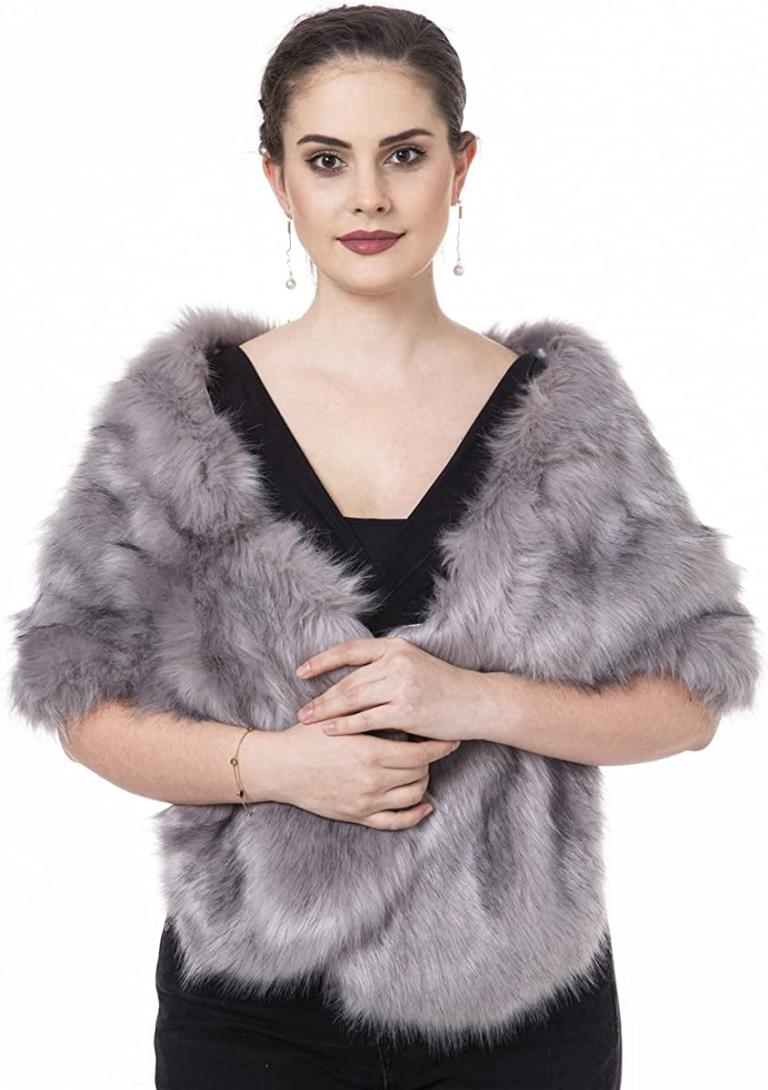 Lucky Leaf Women Luxurious Large Winter Faux Fur Scarf Wrap Collar Shrug for Lady Poncho Wedding Dinner Party Apparel & Accessories > Clothing Accessories > Scarves & Shawls Lucky Leaf Shawl Light Grey  