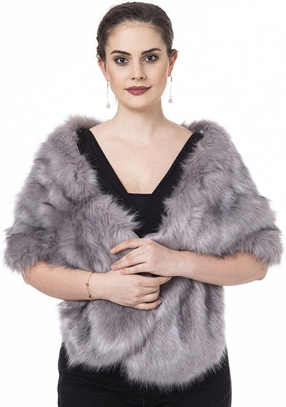 Lucky Leaf Women Luxurious Large Winter Faux Fur Scarf Wrap Collar Shrug for Lady Poncho Wedding Dinner Party Apparel & Accessories > Clothing Accessories > Scarves & Shawls Lucky Leaf Shawl Light Grey  