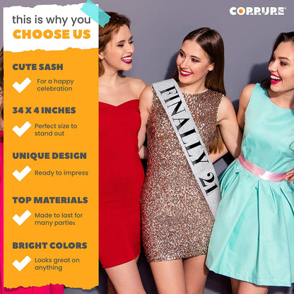 CORRURE 'Finally 21' Birthday Sash with Glitter - Silver Sash with Black Foil 21St Birthday Sash for Men and Women - Ideal Twenty One Sash Party Favors Supplies and Decorations for Your 21 Bday Party Apparel & Accessories > Clothing Accessories > Sashes CORRURE   
