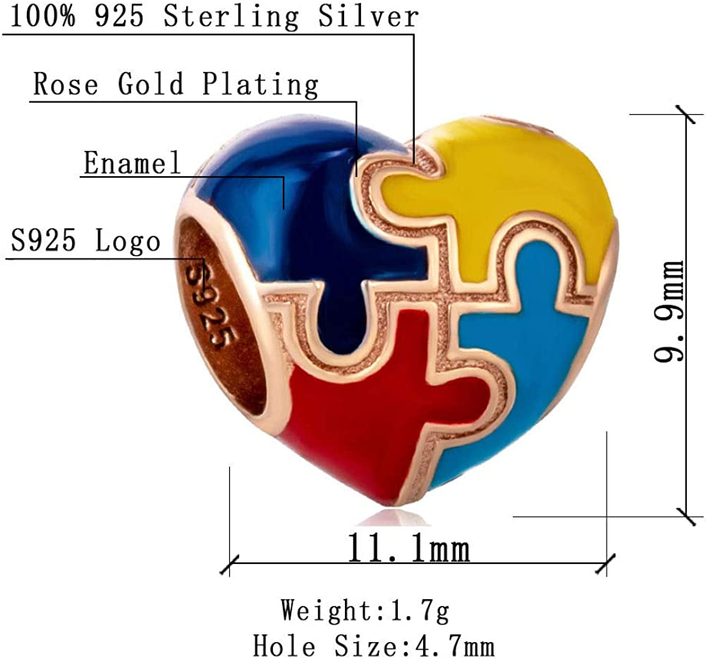 Autism Awareness Charm, Rose Gold Puzzle Pieces Charms, Fits DIY Snake Bracelet, 925 925 Sterling Silver Heart Beads Colorful Enamel Charms, Love Gifts for Women/Men/Girls/Boys Apparel & Accessories > Jewelry > Bracelets XIWEN   