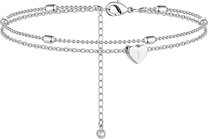 Moodear Silver Ankle Bracelets for Women, Sterling Silver Initial Anklet Layered Dainty Tiny Heart Charm Handmade Carved Alphabet A-Z Letter Ankle Bracelet Beaded Foot Chain Personalized Name Anklets Summer Cute Boho Beach Gift for Her Apparel & Accessories > Jewelry > Anklets Moodear Sterling Silver-I  