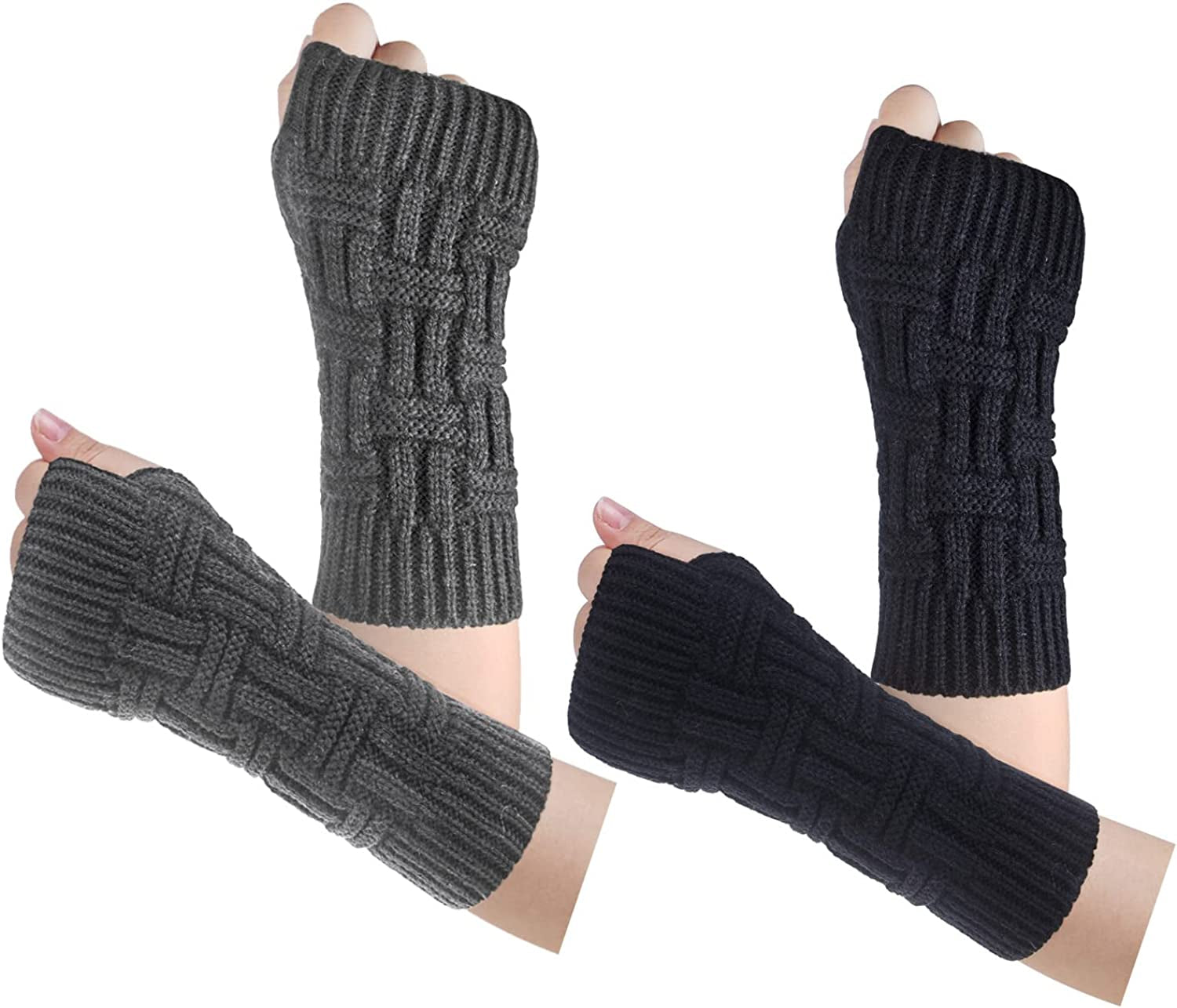 Loritta 2 Pairs Womens Fingerless Gloves Winter Warm Knit Crochet Thumbhole Arm Warmers Apparel & Accessories > Clothing Accessories > Gloves & Mittens Loritta F Black+dark Gray(2 Pairs)  