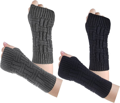 Loritta 2 Pairs Womens Fingerless Gloves Winter Warm Knit Crochet Thumbhole Arm Warmers Apparel & Accessories > Clothing Accessories > Gloves & Mittens Loritta F Black+dark Gray(2 Pairs)  
