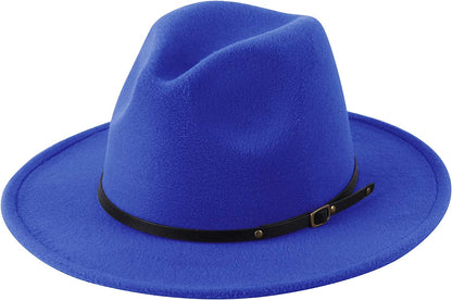 Lanzom Womens Classic Wide Brim Floppy Panama Hat Belt Buckle Wool Fedora Hat Apparel & Accessories > Clothing Accessories > Hats Lanzom Dark Blue One Size 