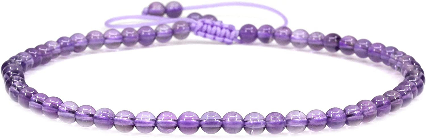 Keleny Natural Gemstone 4Mm round Bead Charm Stretch Anklet for Women Brown Rope Adjustable 8.6-11 Inch Apparel & Accessories > Jewelry > Anklets Kelenystones Purple Lavender Amethyst  
