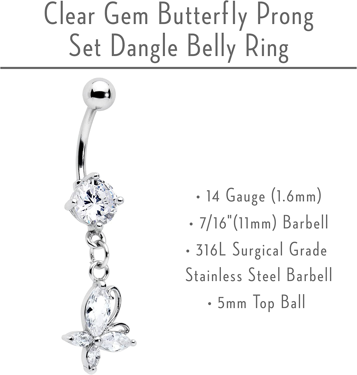 Body Candy Stainless Steel Clear Accent Butterfly Dangle Belly Ring Apparel & Accessories > Jewelry > Body Jewelry Body Candy   