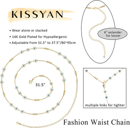 Kissyan Bikini Body Chains for Women, 14K Gold Adjustable Sexy Waist Chain Summer Beach Colorful Cuban Link Pearl Evil Eyes Belly Chain Handmade Jewelry Apparel & Accessories > Jewelry > Body Jewelry KissYan   