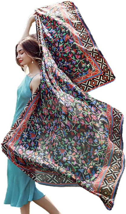 DANA XU Women'S Mulberry Satin Silk Fashion Summer Shawls Large Size Floral Scarf Oversize Soft Wraps for Evening Dresses Apparel & Accessories > Clothing Accessories > Scarves & Shawls DANA XU 22 Black  