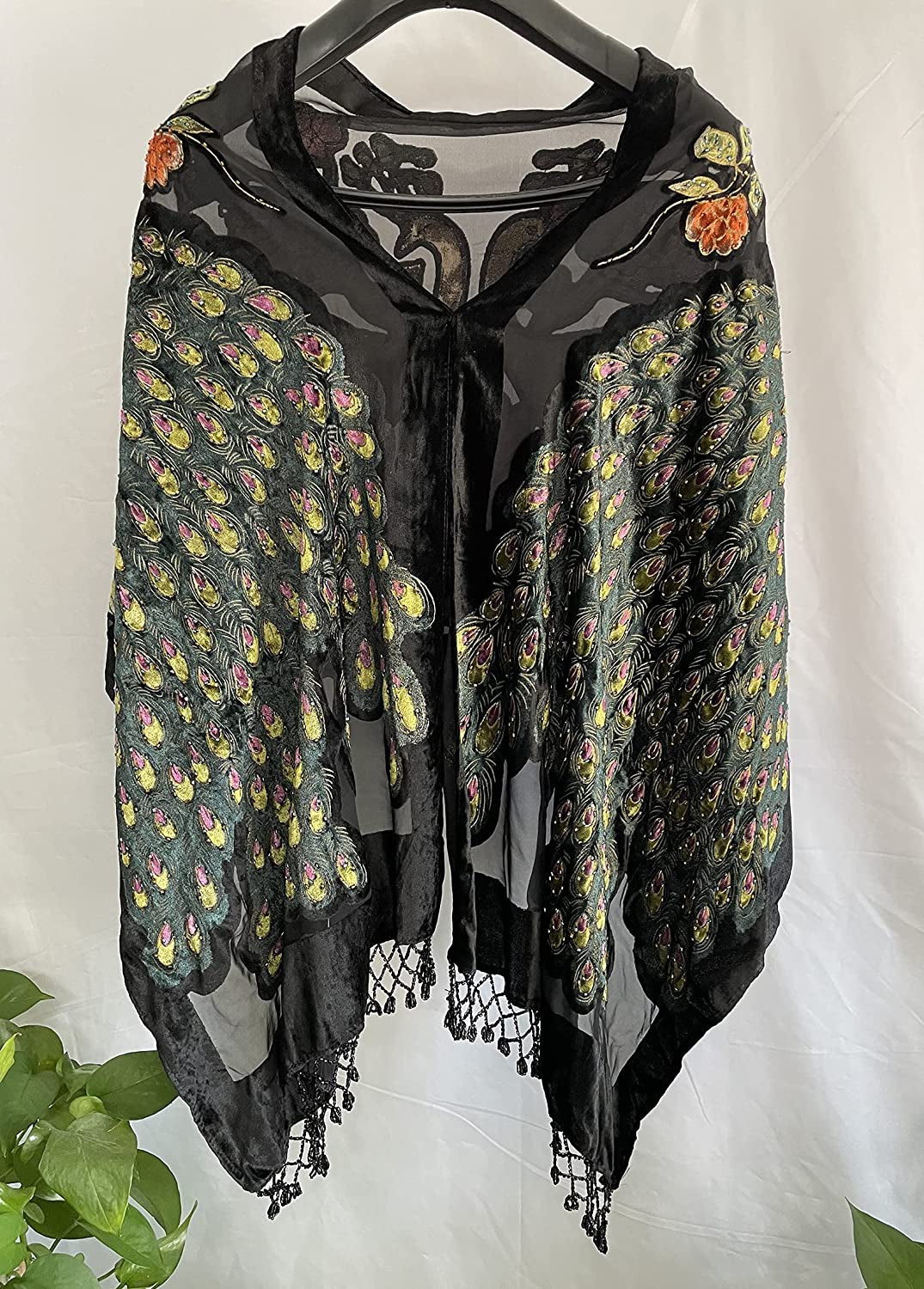Peacock Velvet Shawl with Fringe Beaded Shawl for Women Peacock Scarf Handmade Beading Indian Wraps for Women with Tassel Apparel & Accessories > Clothing Accessories > Scarves & Shawls DQSSYTTX   