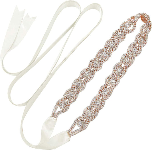 SWEETV Rhinestone Bridal Belt Braid Crystal Wedding Dress Belt Sash Headband for Bride Bridesmaid Apparel & Accessories > Clothing Accessories > Belts SWEETV Rose Gold  