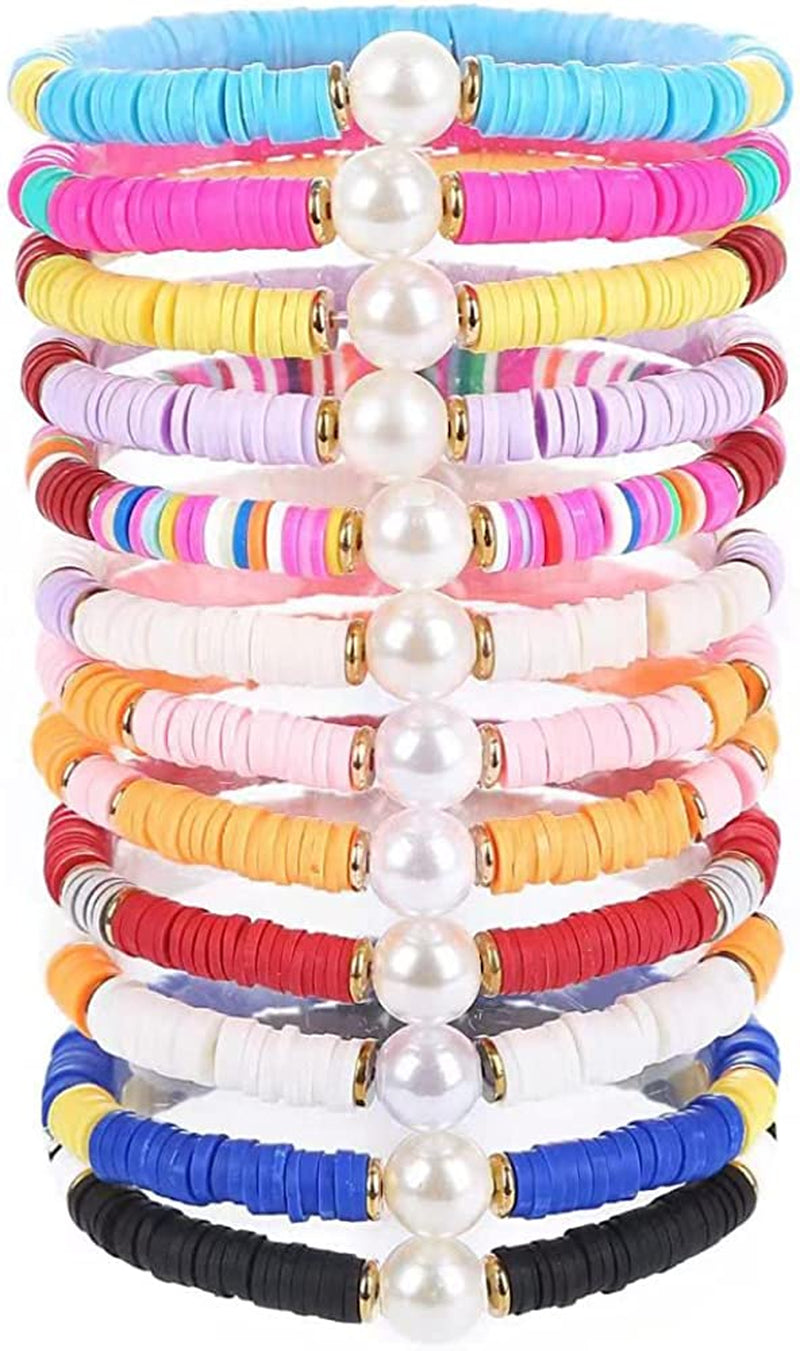 HYHONEY 12Pcs/Set Heishi Bracelet Surfer Bracelets for Women Stackable Clay Beaded Stretch Bracelets Elastic Layering Bracelets Boho Summer Beach Bracelets Jewelry Apparel & Accessories > Jewelry > Bracelets HYHONEY F  