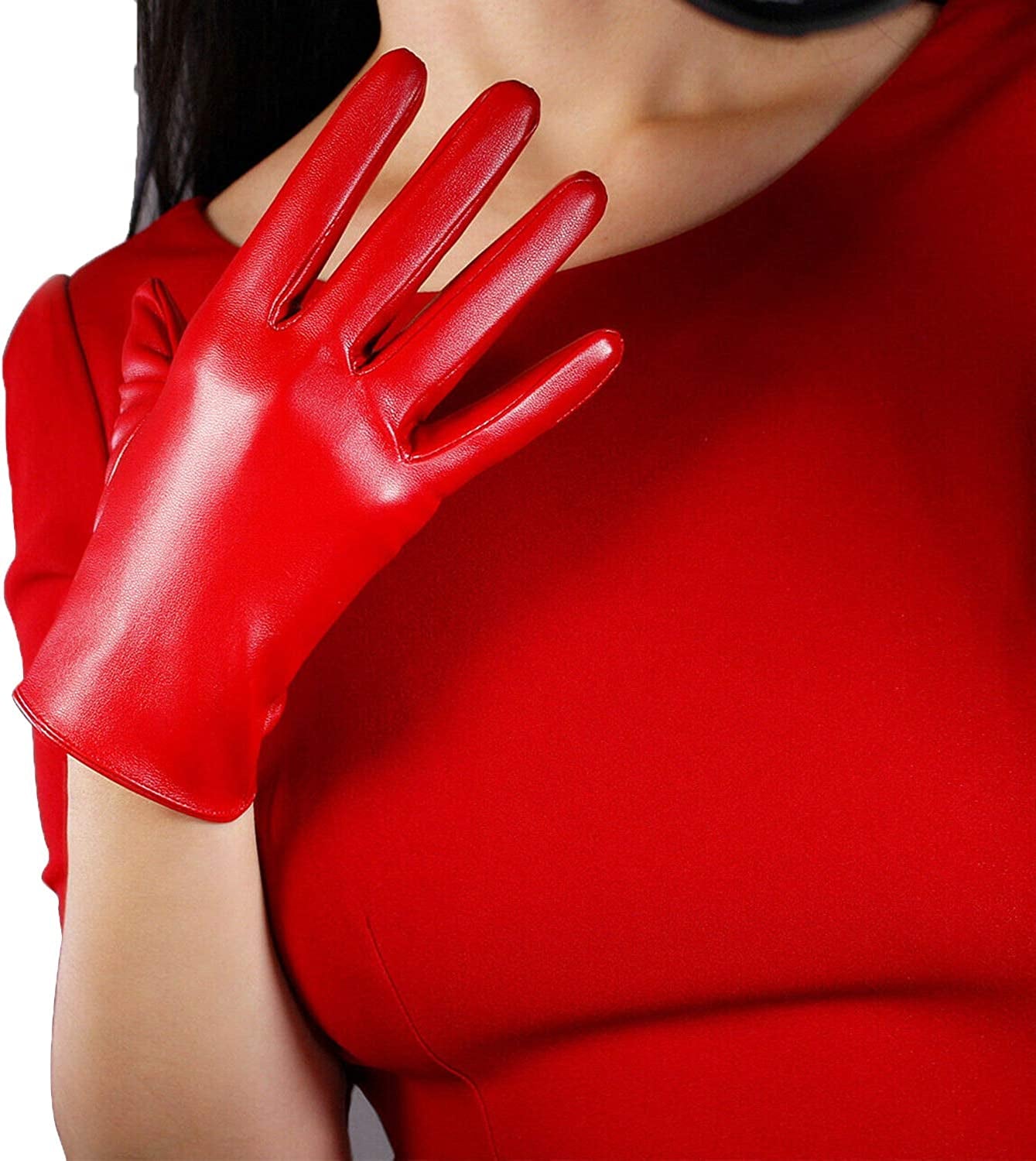 Dooway Women'S Short Dress Leather Gloves for Evening Costumes Daily Faux Leather PU 21Cm Apparel & Accessories > Clothing Accessories > Gloves & Mittens DooWay Xmas Red  