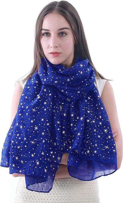 Lina & Lily Silver Gold Glitters Shimmer Foil Stars Women Scarf Shawl Wrap Apparel & Accessories > Clothing Accessories > Scarves & Shawls Lina & Lily Royal Blue (Silver Stars)  