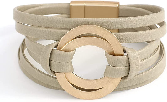 Circle Charm Bracelets for Women Handmade Coffee Leather Wrap Bracelets for Women Teen Girls Bohemian Couples Friendship Bracelet Cuff Bangle with Magnetic Clasp Boho Jewelry Gift for Sisters, Wife and Mother Apparel & Accessories > Jewelry > Bracelets hotoo Grey  