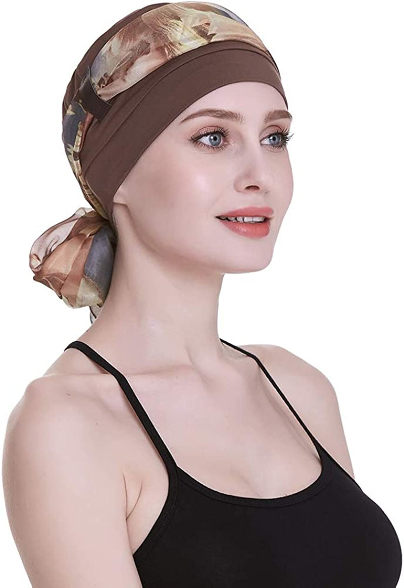 Elegant Chemo Cap with Silky Scarfs for Cancer Women Hair Loss Sleep Beanie Apparel & Accessories > Clothing Accessories > Headwear FocusCare Brown  