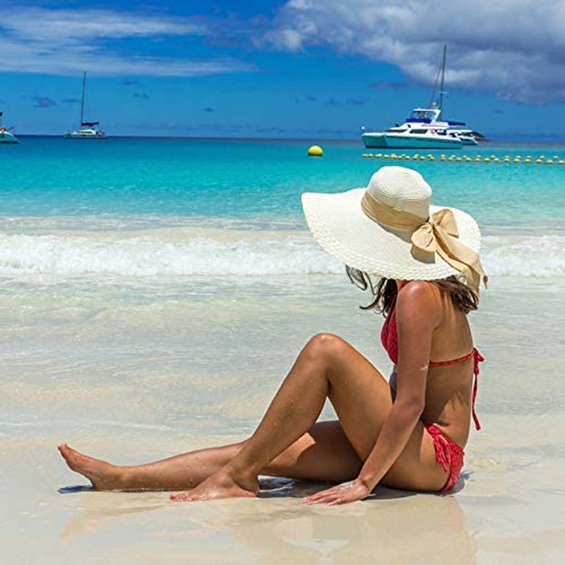 Lanzom Womens 5.5 Inches Big Bowknot Straw Hat Large Floppy Foldable Roll up Beach Cap Sun Hat UPF 50+ Apparel & Accessories > Clothing Accessories > Hats Lanzom   